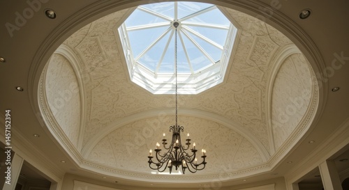 Ornate White Ceiling with Chandelier and Skylight photo