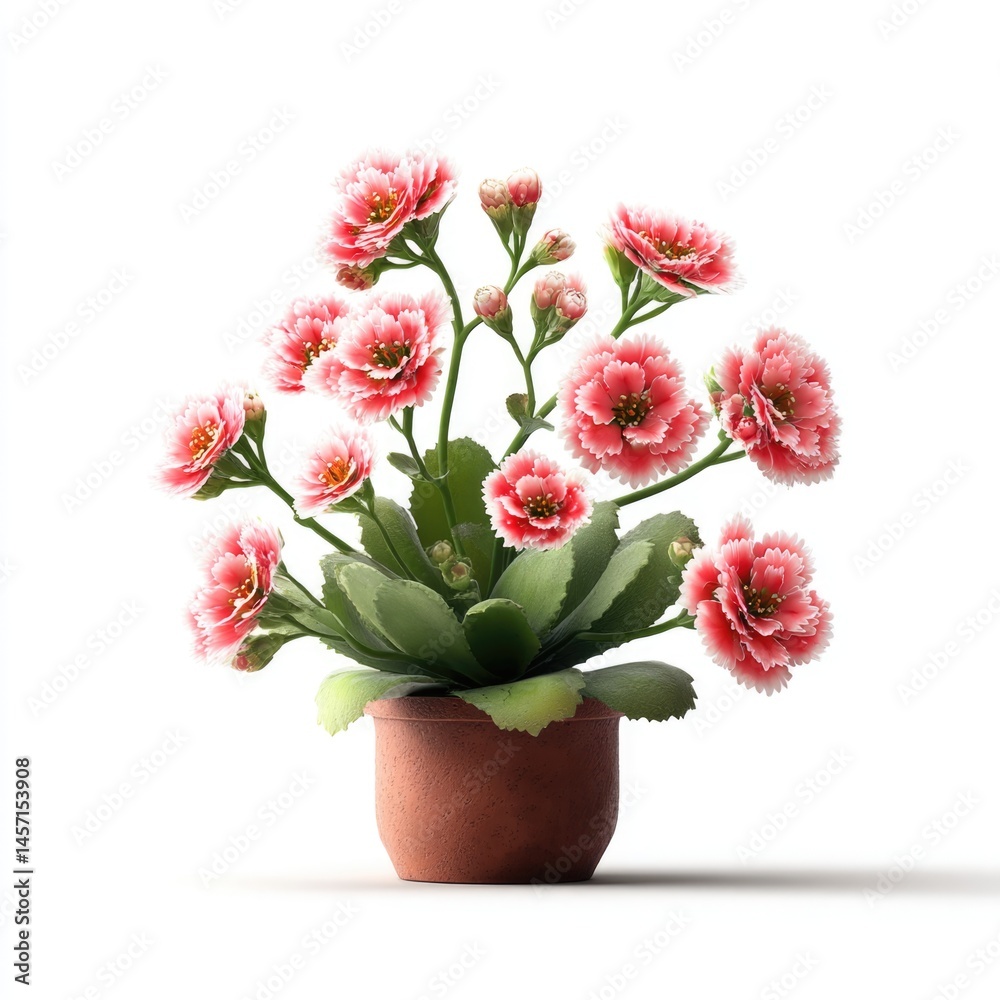 Fototapeta premium Pink Kalanchoe Blossoms in Terracotta Pot, White Background