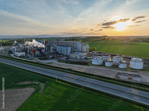 Bioagra Goswinowice Ethanol Production Plant located near Nysa in Poland. Aerial drone view of methanol and ethanol factory plant.  Polish producer of bioethanol and ethanol produced from corn grain.