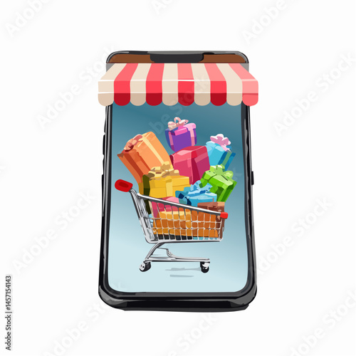 Online Shopping Concept with Cart Full of Gifts on Smartphone Screen

