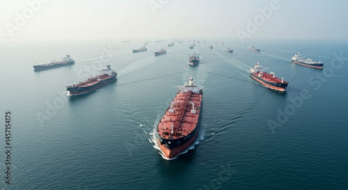 Fleet of Red Cargo Ships Sailing on Calm Ocean