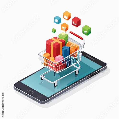 Online Shopping Concept with Cart Full of Gifts on Smartphone Screen

