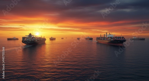 Cargo Ships at Sunset on the Ocean
