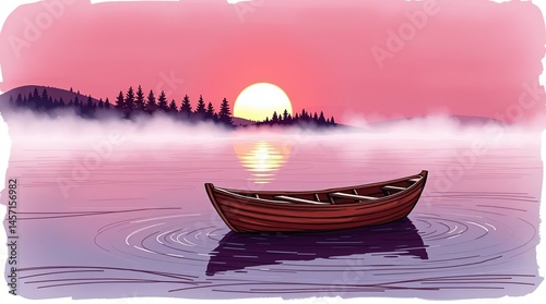 Tranquil Lakeside: A serene sunset bathes a lone boat afloat on a calm lake, with a soft mist enshrouding the distant shoreline and pine trees, evoking a sense of peace and contemplation.