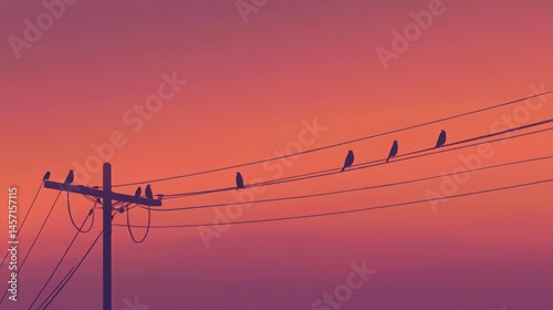 Cluster of resting birds perched on power lines at sunset  