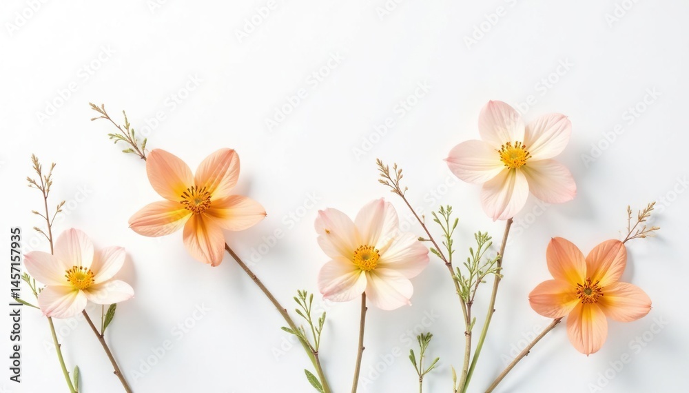 Fototapeta premium Delicate, minimalist floral sprigs on white background, elegant, simple, vintage