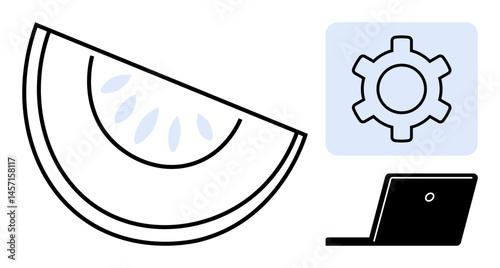 Sliced fruit, gear icon inside a blue square, and a black laptop. Ideal for technology, innovation, productivity, creativity, health, food-tech and a simple landing page