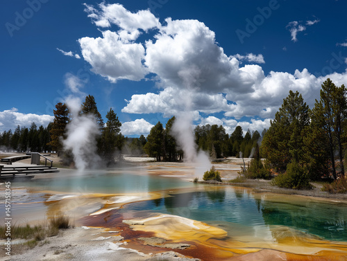 Geothermal Wonder: Vibrant Hot Springs and Steaming Geysers