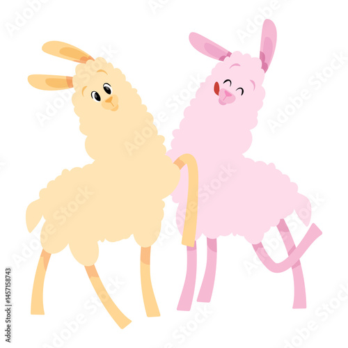Two adorable llamas smiling in pastel colors on isolated background