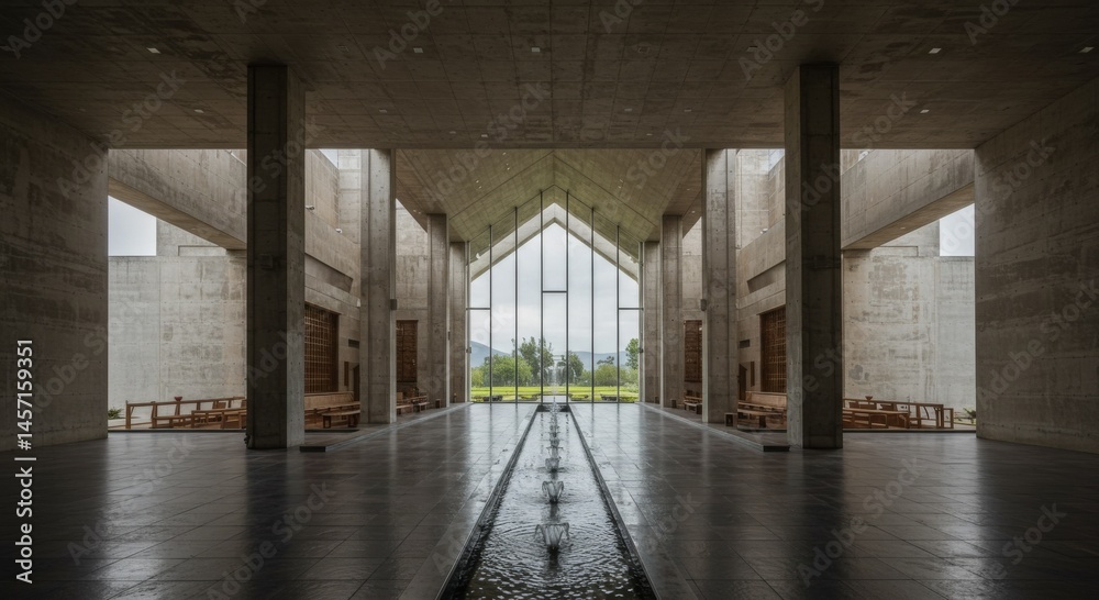 Fototapeta premium Modern Concrete Building Interior with Water Feature