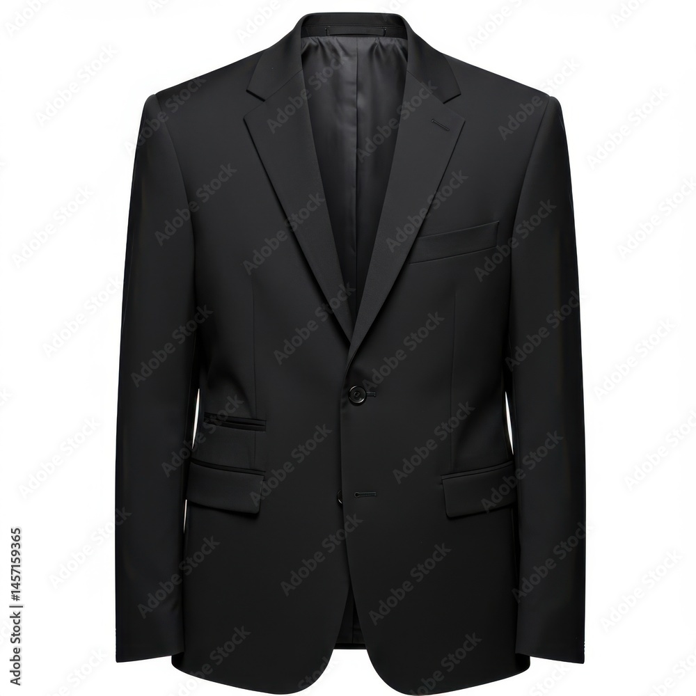 A studio shot of a black single breasted suit jacket with pockets and a single button closure A studio shot of a black single breasted suit jacket with pockets and a single button closure