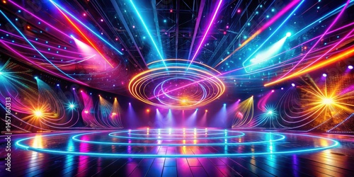 Vibrant neon lights dance across a swirling abstract background, evoking an otherworldly atmosphere on a futuristic concert stage at night, night, concert