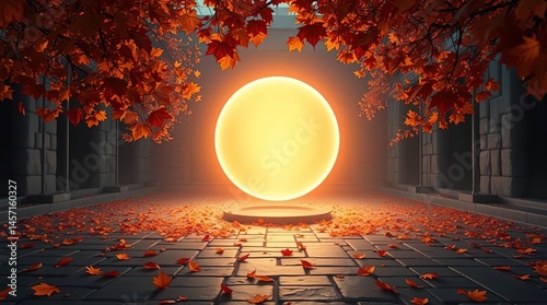Glowing Orb in Autumn's Embrace: A mystical, warm-toned scene features a luminous sphere floating above a pedestal. The vibrant backdrop shows falling autumn leaves. 