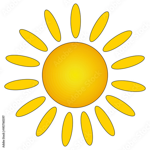 Illustration of a bright warm summer sun with oval shaped rays on an isolated white background. Orange ray. Element of the element. Ideal for summertime, seasonal, weather, beach, and outdoor designs.