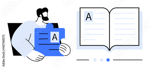 Man holding puzzle piece with letter, symbolizing text composition and problem-solving, next to open book. Ideal for education, learning, content creation, literacy, research, teamwork simple