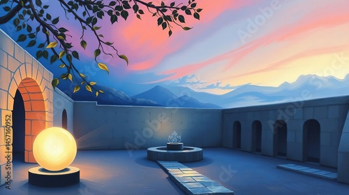 Serene Courtyard at Sunset: A tranquil courtyard scene, bathed in the soft hues of sunset, features a glowing orb, a central fountain, and mountain views. The scene exudes serenity and peace.