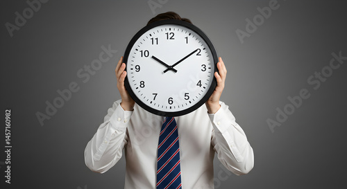 Anonymous Man Holding Clock in Front of His Face with White Shirt and Striped Tie on Gray Background