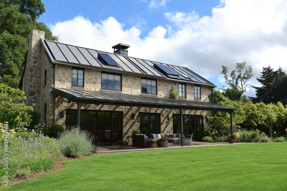 Obraz premium Beautiful stone house with solar panels surrounded by green lawn and garden under a cloudy sky in a serene rural setting