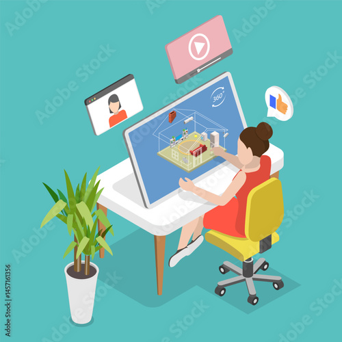 3D Isometric Flat Vector Illustration of Virtual Open House, Real Estate Tour