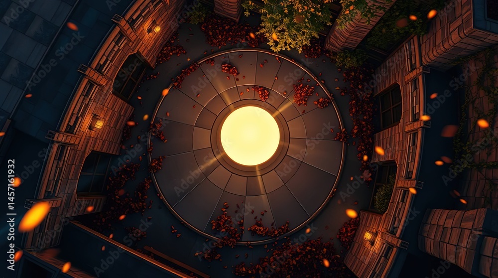 Obraz premium Circular Courtyard at Night: A breathtaking aerial view of a circular courtyard at night, illuminated by warm, glowing lights, creating a magical and serene atmosphere. The architecture is detailed.