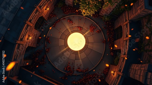 Circular Courtyard at Night: A breathtaking aerial view of a circular courtyard at night, illuminated by warm, glowing lights, creating a magical and serene atmosphere.  The architecture is detailed.