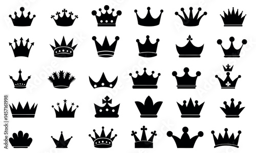 collection of black silhouette crown icons in various royal