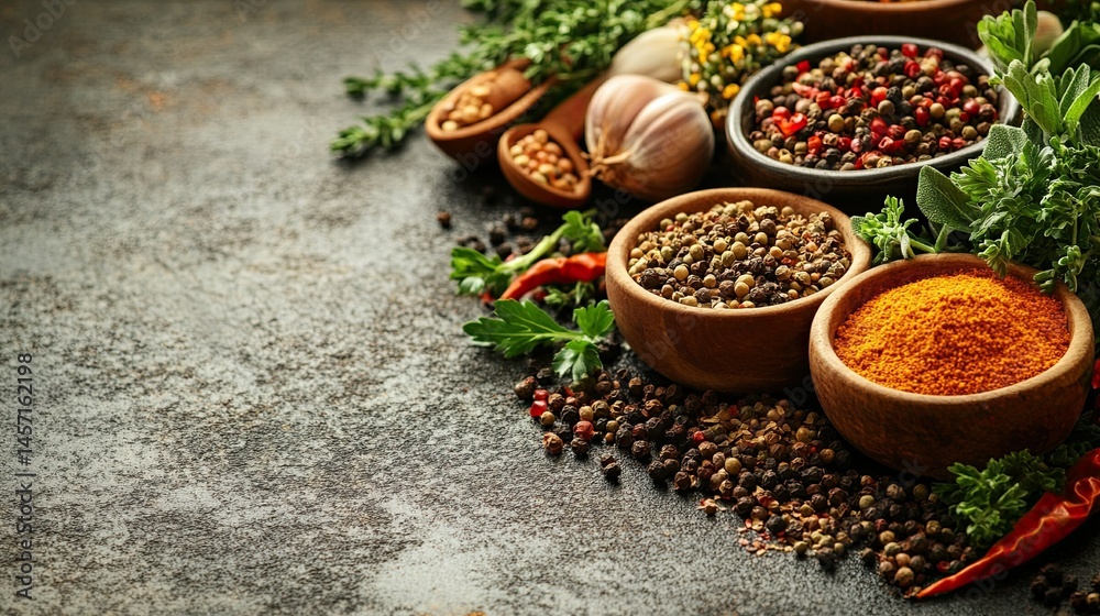 Fototapeta premium Photography of Spice, Herbs, and Ingredients â€“ Empty Space for Text or Design Elements â€“ Culinary Creativity -