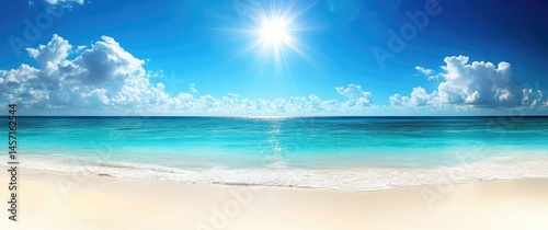 Fototapeta Naklejka Na Ścianę i Meble -  Sparkling Turquoise Ocean, White Sand Beach, Azure Sky, and Scattered White Clouds