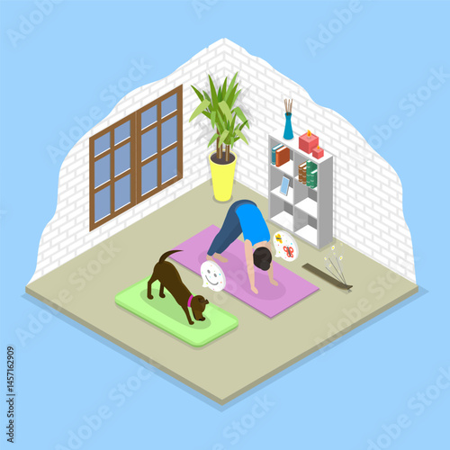 Wallpaper Mural 3D Isometric Flat Vector Illustration of Yoga With Pets, Woman Practices Pilates On Yoga Mats And Stretches Near Playful Puppy. Torontodigital.ca