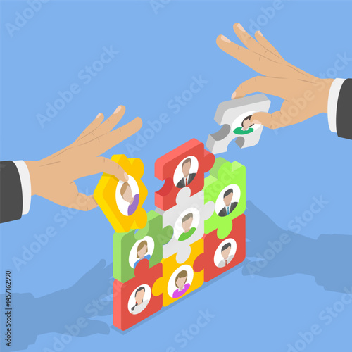 3D Isometric Flat Vector Illustration of Teamwork, New Team Member Assigned To Problem-Solving Team With HR And Business Support