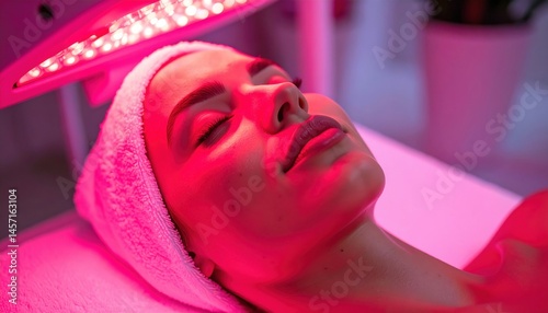 A woman lies with eyes closed under pink LED light therapy, reflecting modern beauty treatments and skincare technology