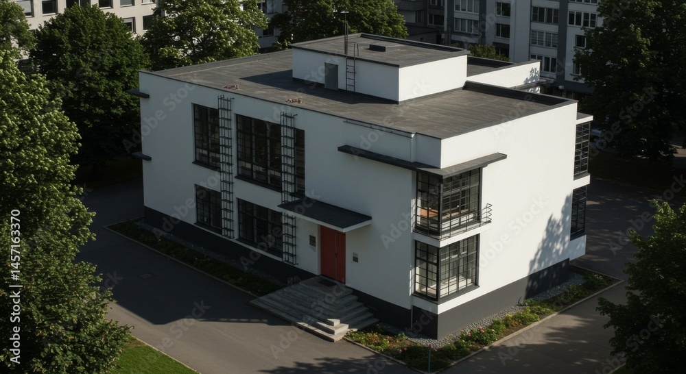 Modern White Building with Black Accents and Flat Roof Modern White Building with Black Accents and Flat Roof