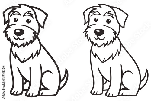 Two outlined cartoon Terriers with large eyes are sitting patiently with transparent background