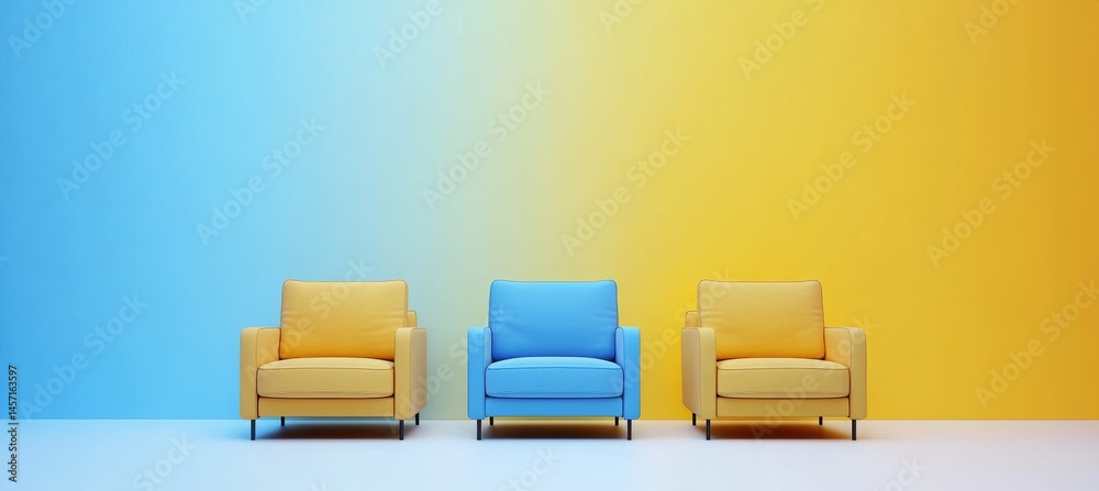 The bright yellow chair stands out from the blue furniture, indicating an available position The bright yellow chair stands out from the blue furniture, indicating an available position