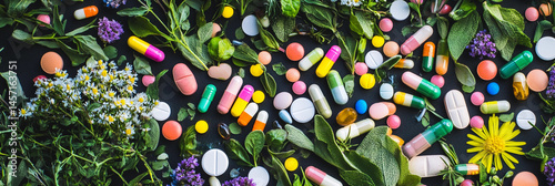 Colorful medications and herbs arranged together creatively Generative AI