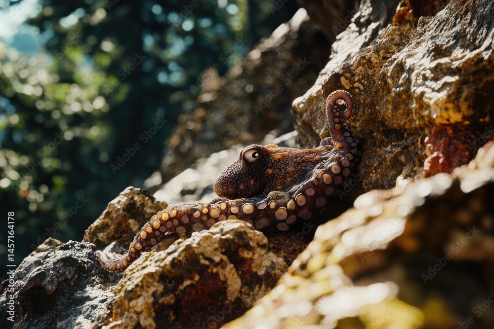 An octopus is skillfully camouflaged amongst the rocks, blending into the surrounding nature with its intricate patterns. An octopus is skillfully camouflaged amongst the rocks, blending into the surrounding nature with its intricate patterns.
