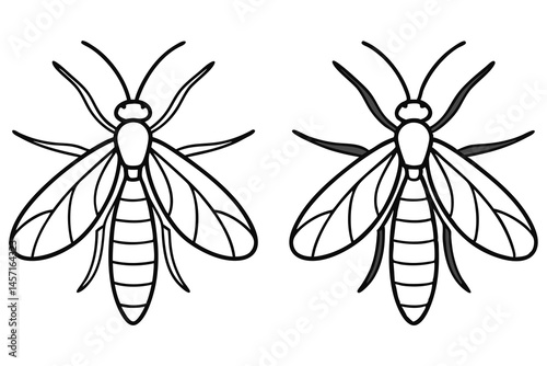 Two outlined midge insects face the viewer with their wings outstretched on white