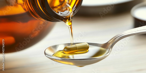 Pouring liquid medicine into a spoon for dosage Generative AI