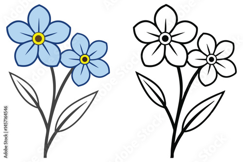 Two beautiful cartoon forgetmenot flowers showcase vibrant color and black outline variation with transparent background