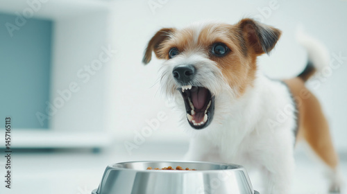 Small Jack Russell terrier growling fiercely at a metal food bowl in a bright, cheerful room, showcasing possessive and guarding behavior