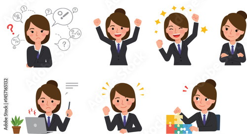 Female Office Manager Actions Collection – Businesswoman Thinking, Celebrating, Solving Problems