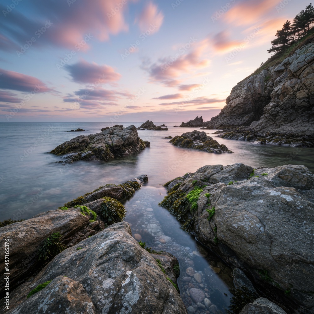 Serene Ocean Sunset with Coastal Rocks Serene Ocean Sunset with Coastal Rocks