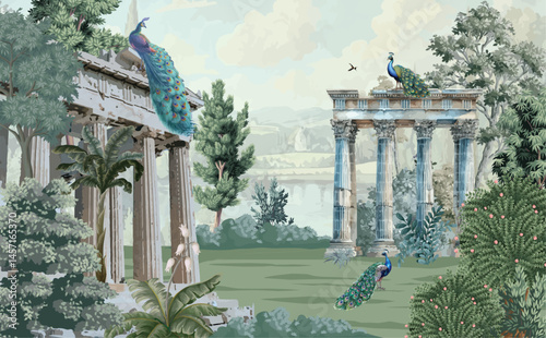 Greek Garden Illustration for Printing, Greek Garden Illustration, Peacock, Watercolor Background.
