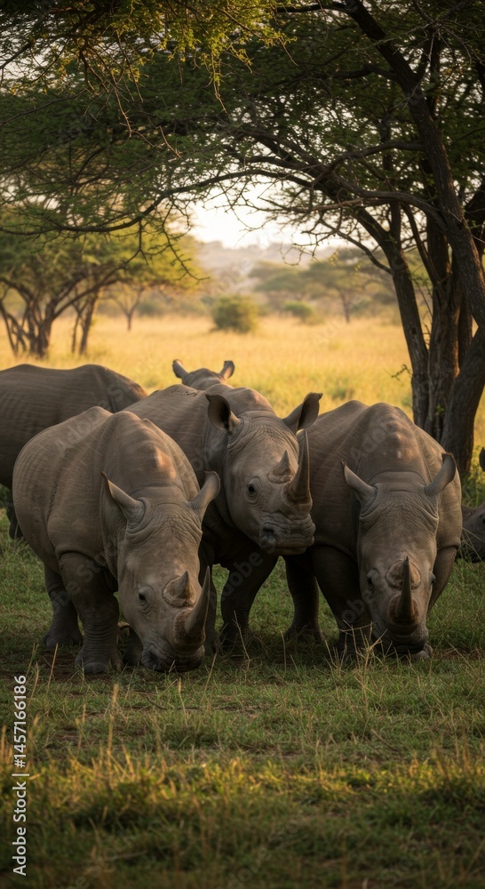 Fototapeta premium Herd of Rhinos Grazing in African Savanna at Sunset