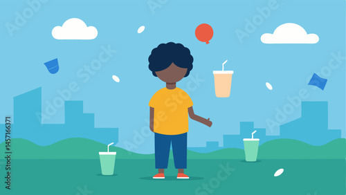 Child and Plastic Waste A child holding a balloon made of plastic standing amidst tered plastic wrappers and cups in a park representing future generations affected by plastic