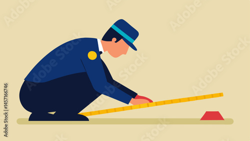 Marking the Boundary A closeup of an officer sticking down the police tape to the ground showing concentration as they mark the secure boundary.