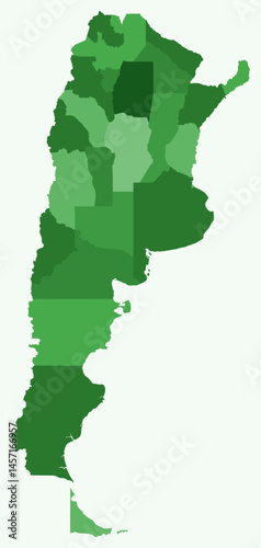 Map of Argentina with regions. Just a simple country border map with region division. Green color palette. Blank Argentina shape with administrative division. Vector illustration.
