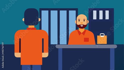 Jail Release The bail bondsman standing at the jails reception area while the defendant is being released from the holding area.
