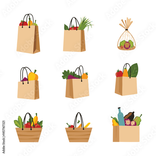 Grocery Bag and Basket Vector Set with Fresh Vegetables and Fruits White Background 