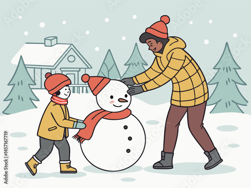 Family Building Snowman in Winter Wonderland: Cartoon Illustration, Cozy Scene